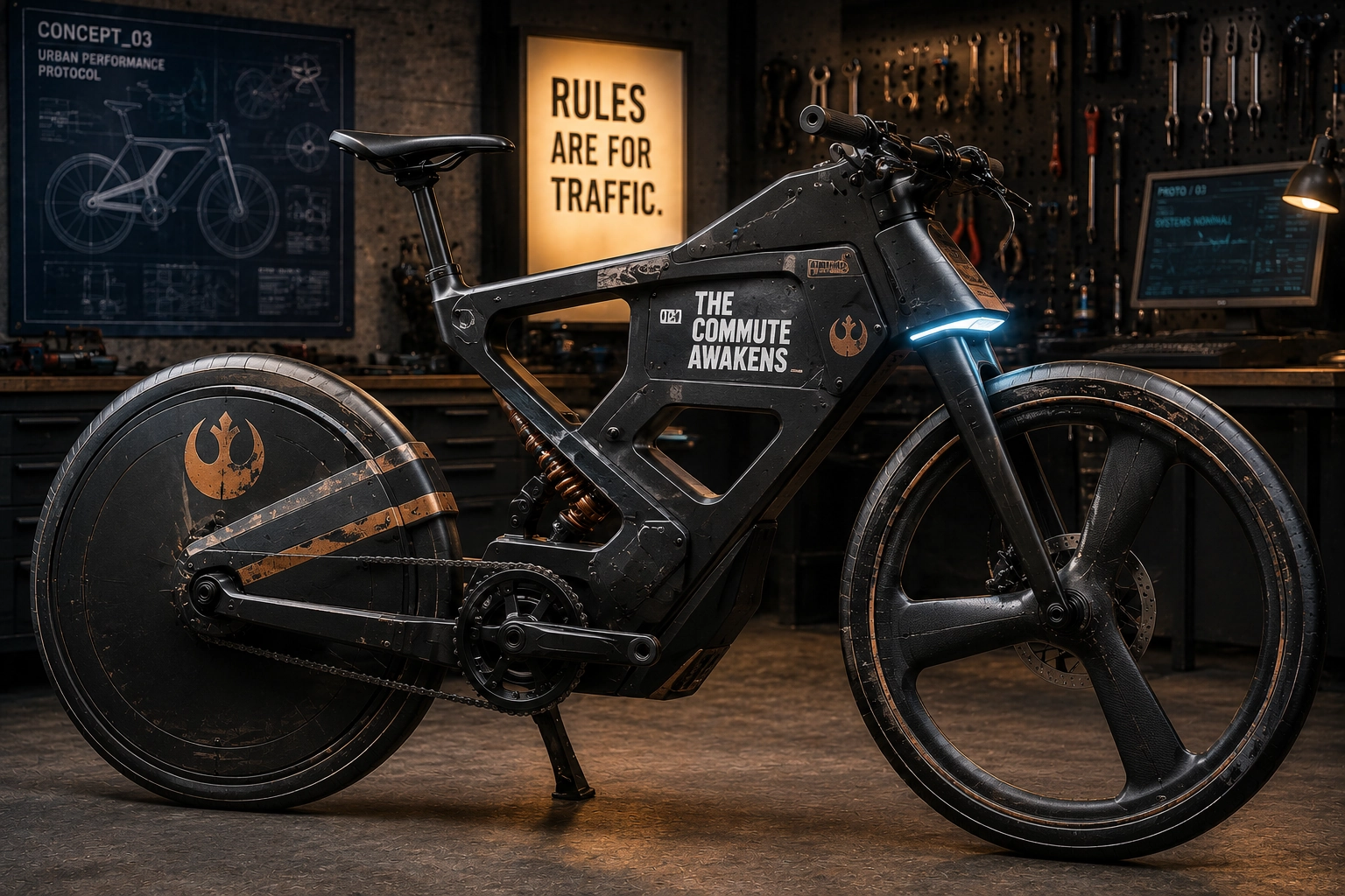 Modern urban concept commuter bicycle displayed in a bicycle workshop