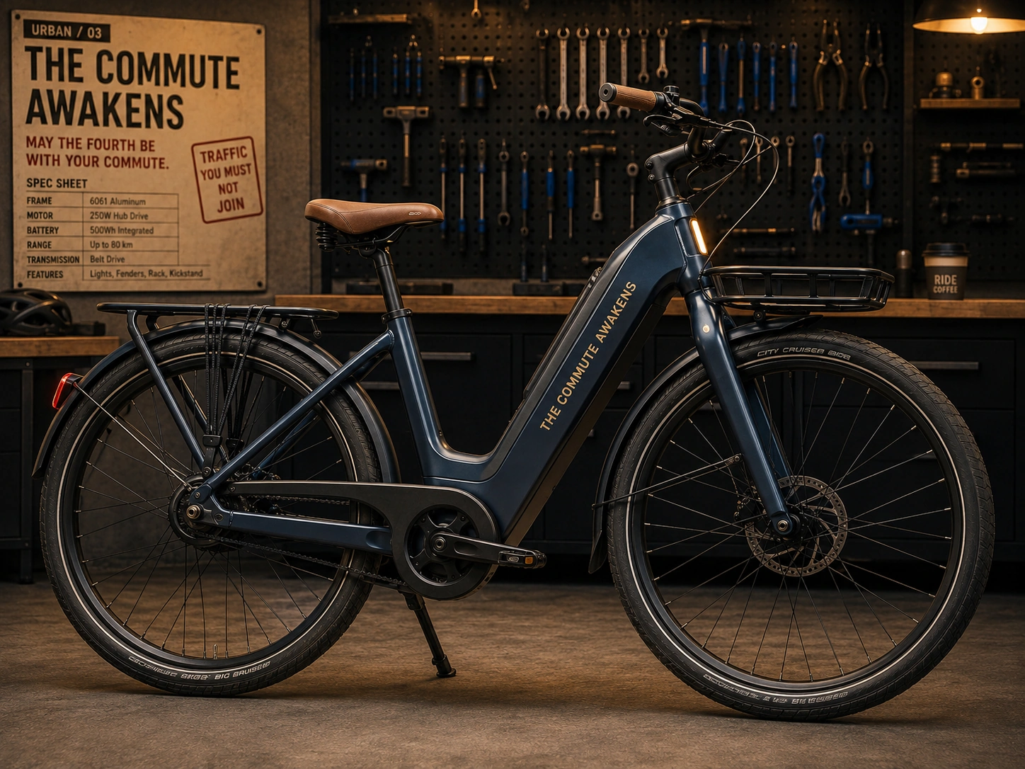 Futuristic electric concept bicycle displayed in a bicycle workshop