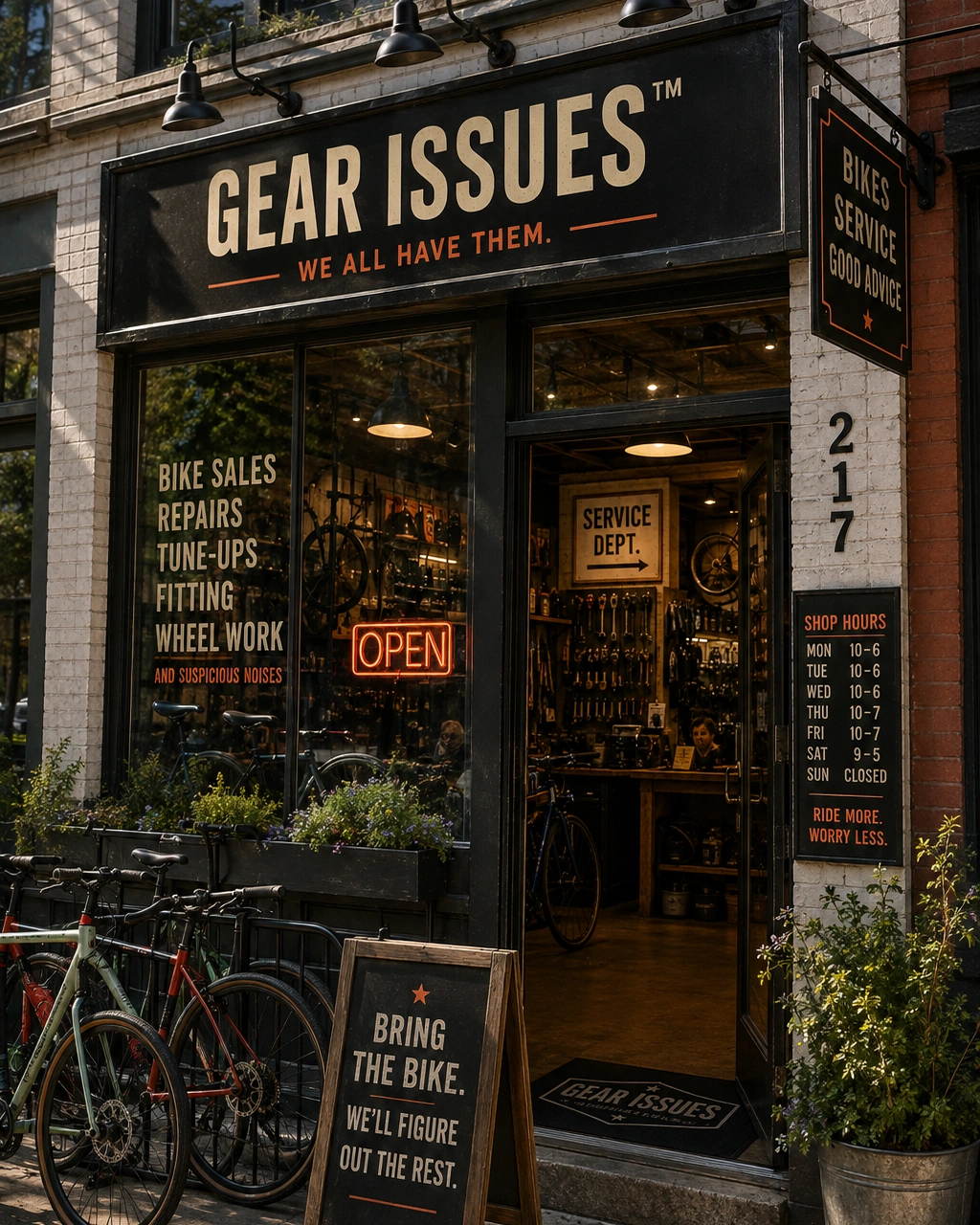 Independent neighborhood bicycle shop storefront with bicycles, workshop-style signage, and welcoming entrance
