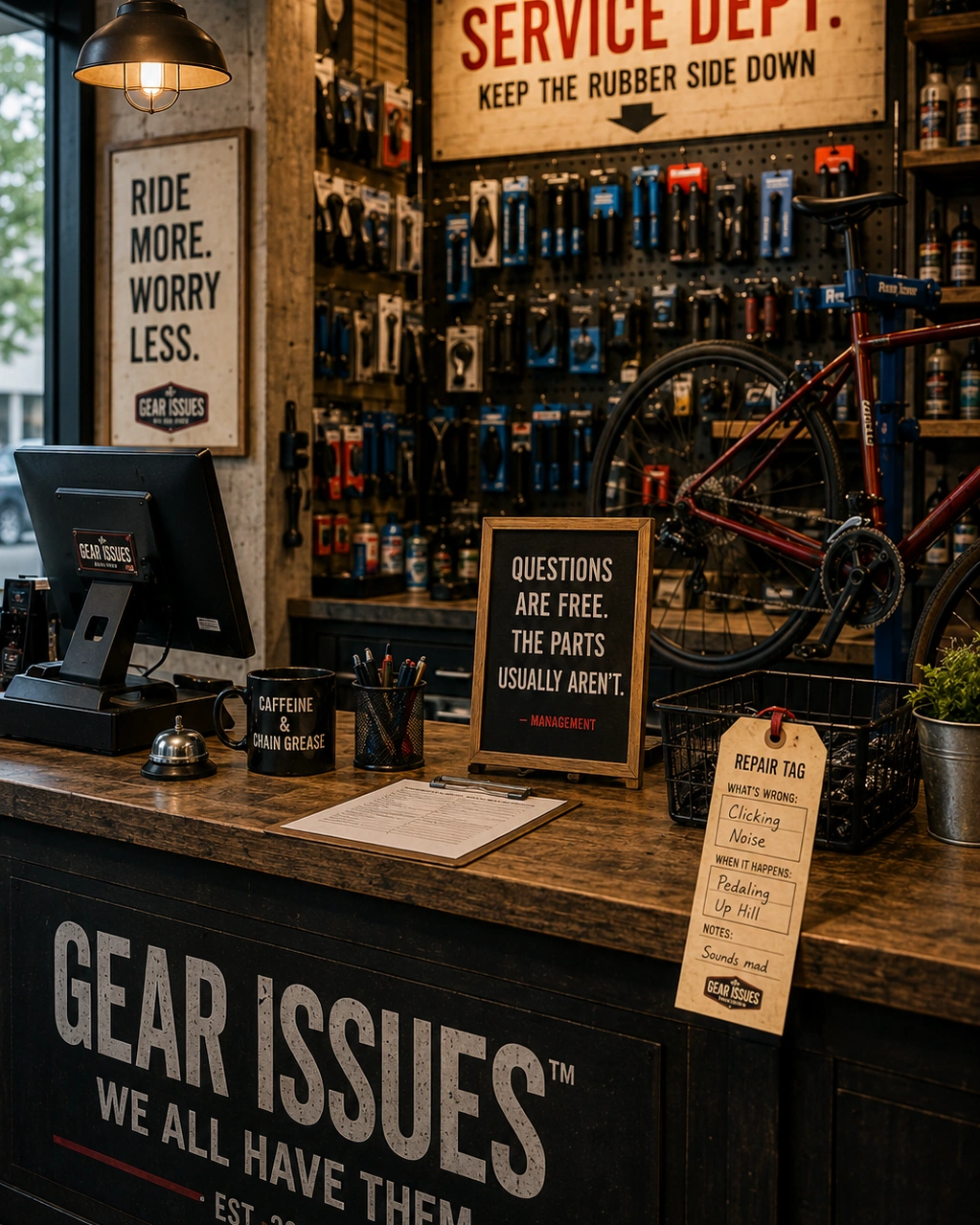 Customer-facing bicycle shop service counter with repair tags, accessories, bikes, and workshop visible in the background
