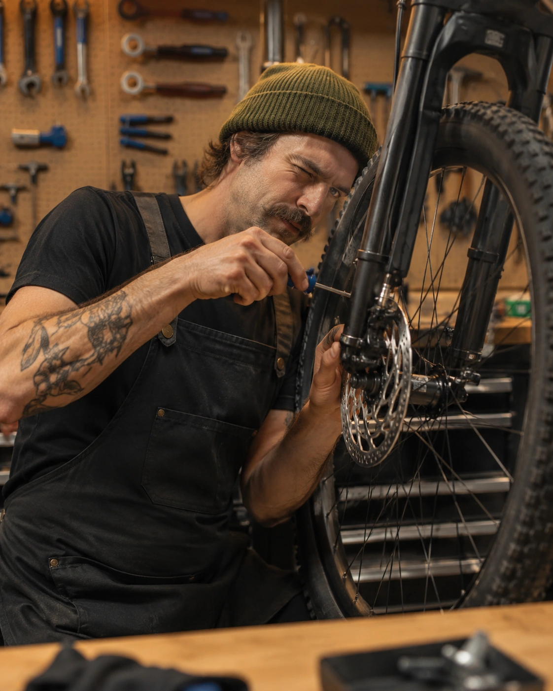 Professional bicycle mechanic servicing a hydraulic disc brake