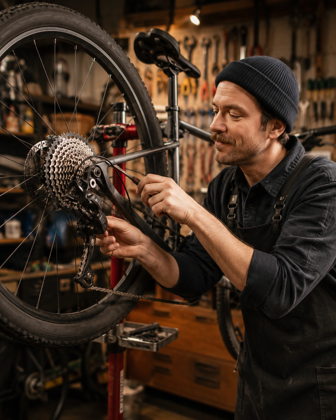 Professional mechanic servicing a bicycle drivetrain and rear derailleur