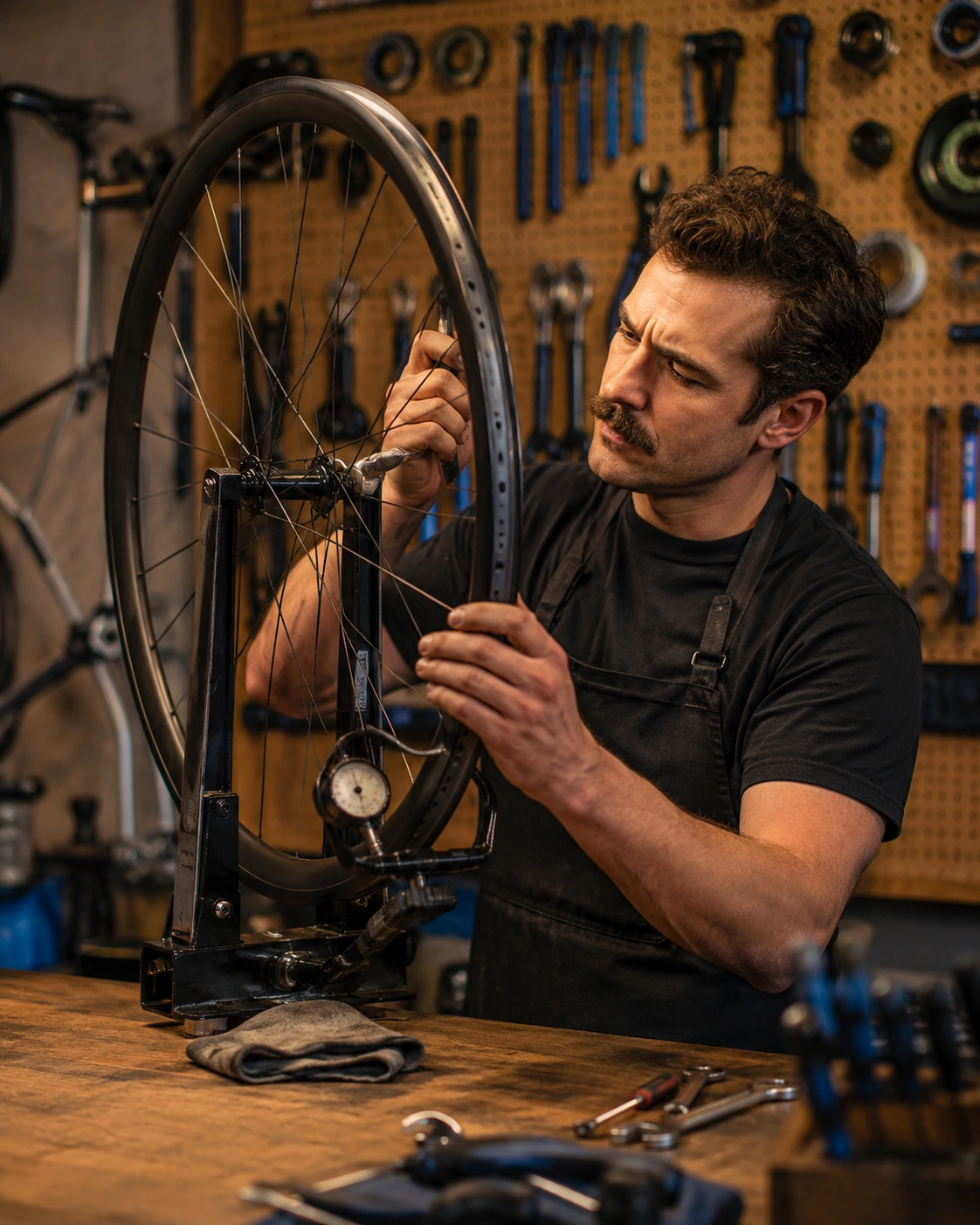 Bicycle mechanic truing a wheel in a professional workshop