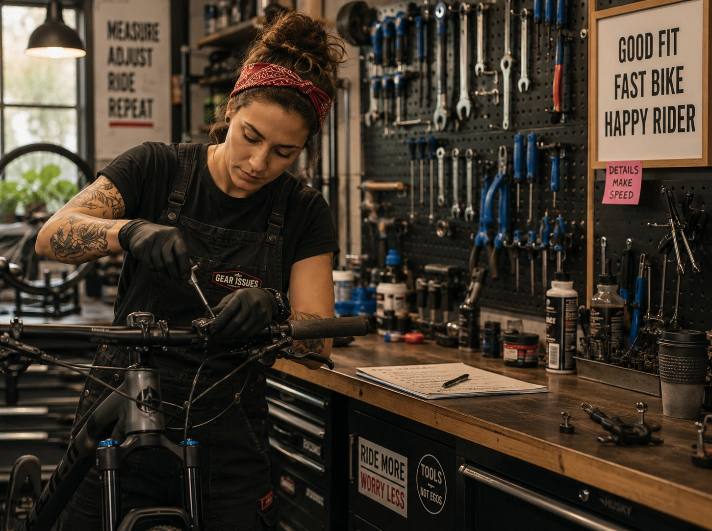 Professional bicycle fitter measuring rider position and bicycle setup