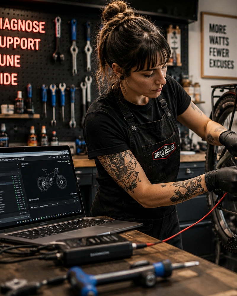 Professional bicycle mechanic performing e-bike system diagnostics in a workshop