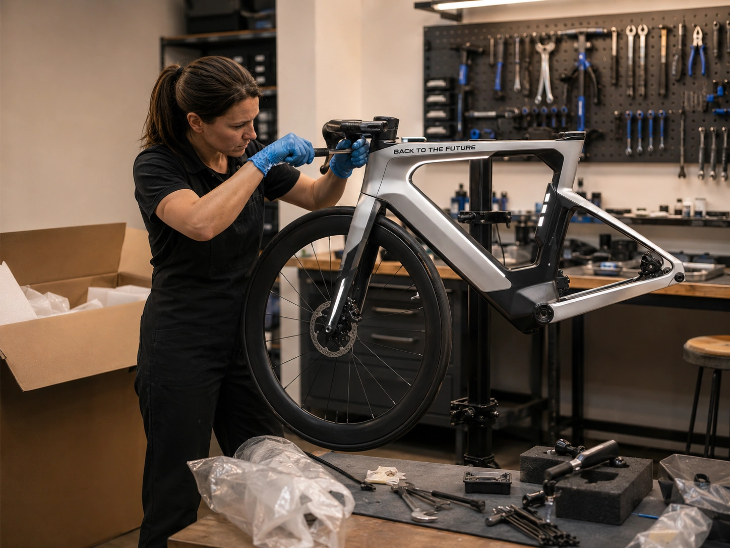 Professional bicycle mechanic assembling and setting up a new bicycle in a workshop