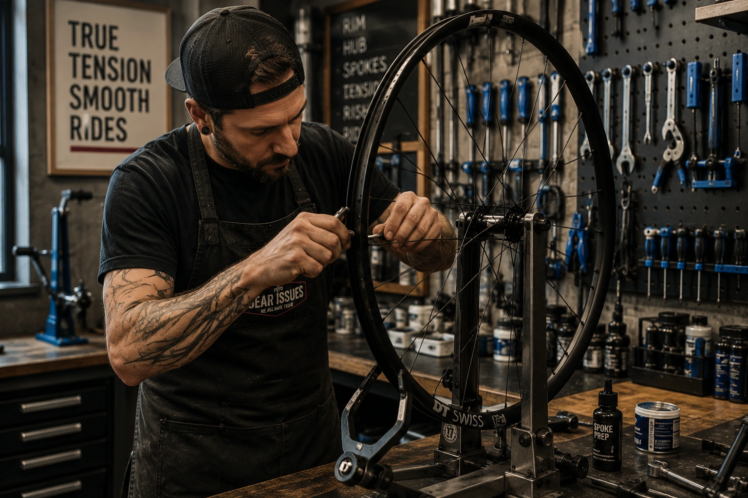 Professional bicycle mechanic hand building a custom bicycle wheel
