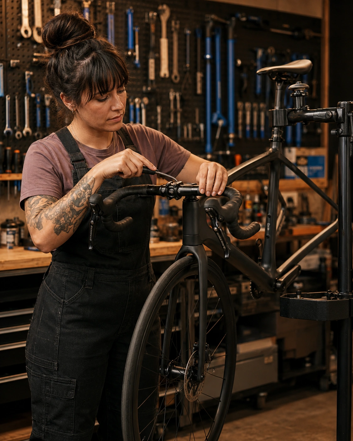 Professional bicycle mechanic performing precision setup work at a bicycle workshop bench