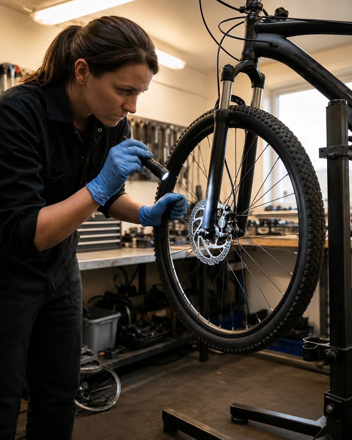 Bike mechanic inspecting a bicycle mounted on a professional repair stand