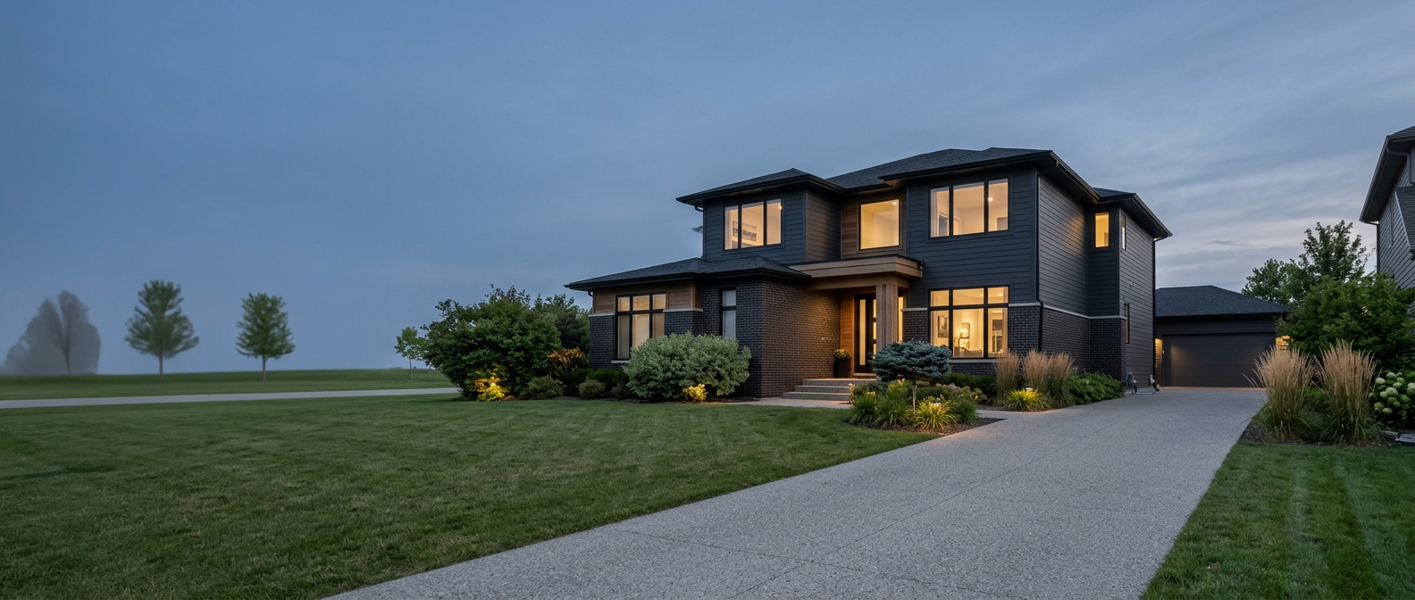 Contemporary home with large windows and landscaped yard
