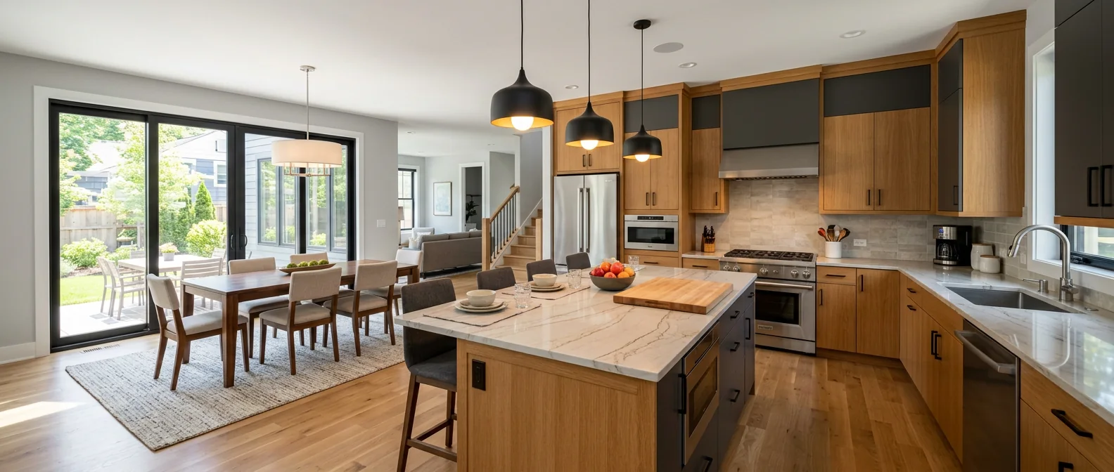 Modern open plan kitchen in sample Oak Park property