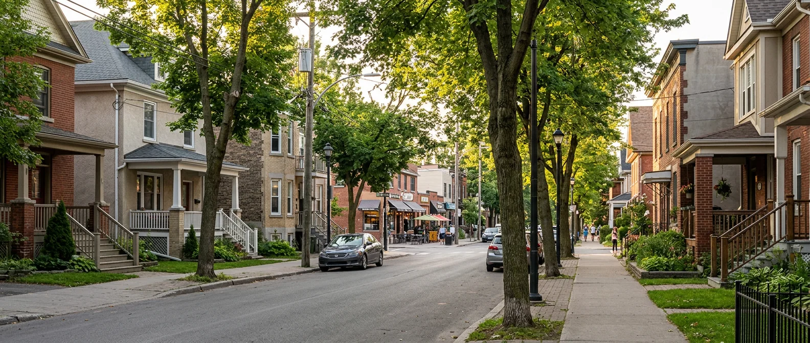 Tree lined neighborhood street with homes and nearby shops