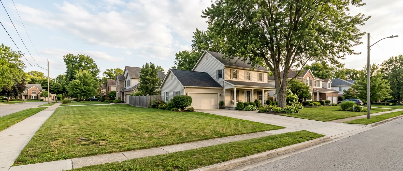 Suburban neighborhood with larger yards and detached homes