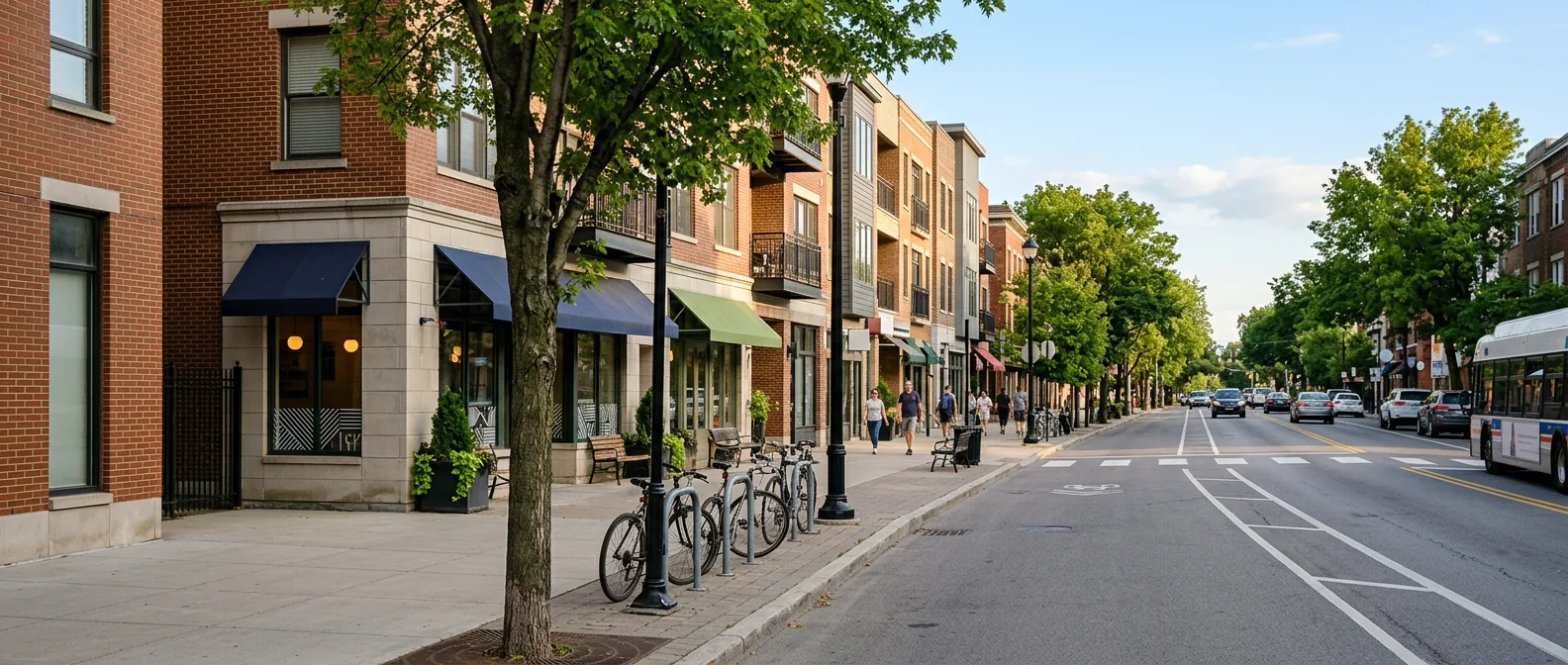 Walkable neighborhood street with shops and apartments