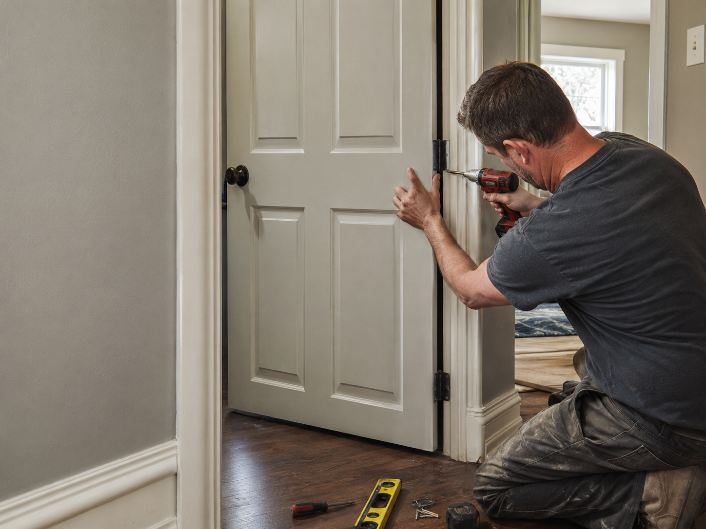 Handyman adjusting a residential interior door