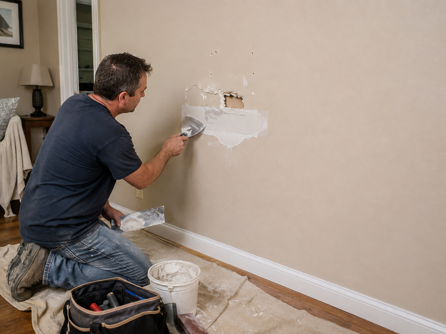 Handyman repairing damaged residential drywall