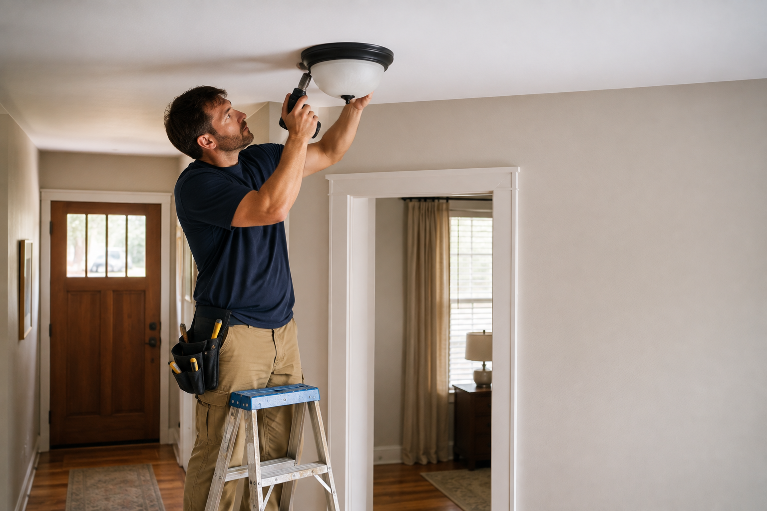 Handyman replacing or repairing a residential light fixture