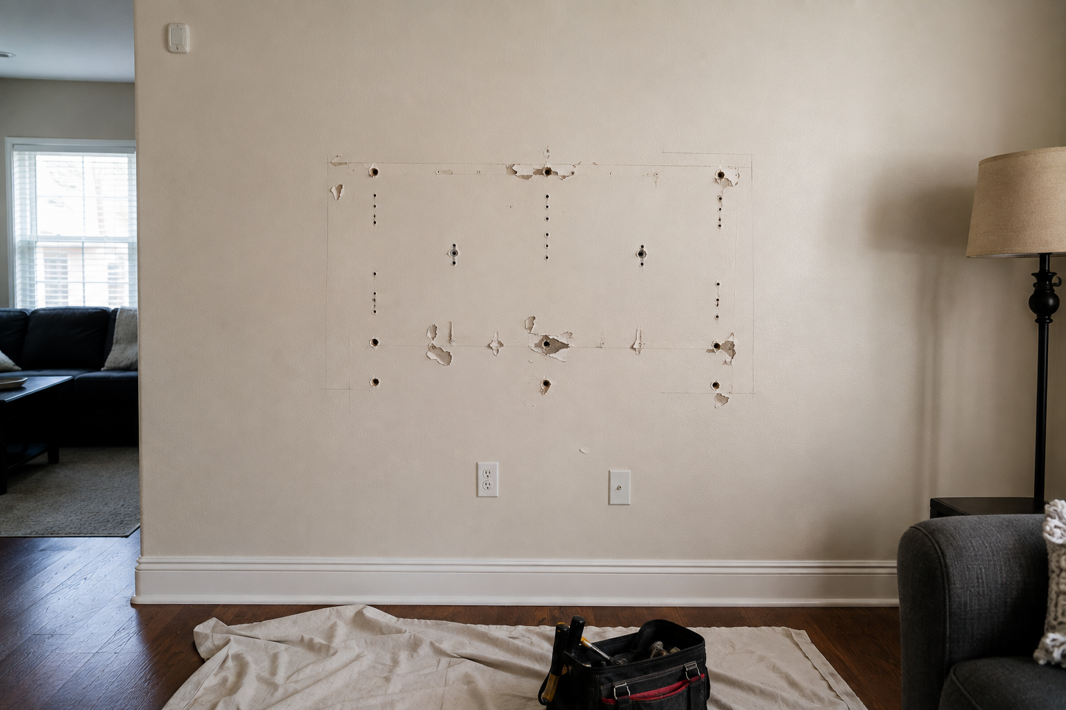 Damaged drywall before handyman repair