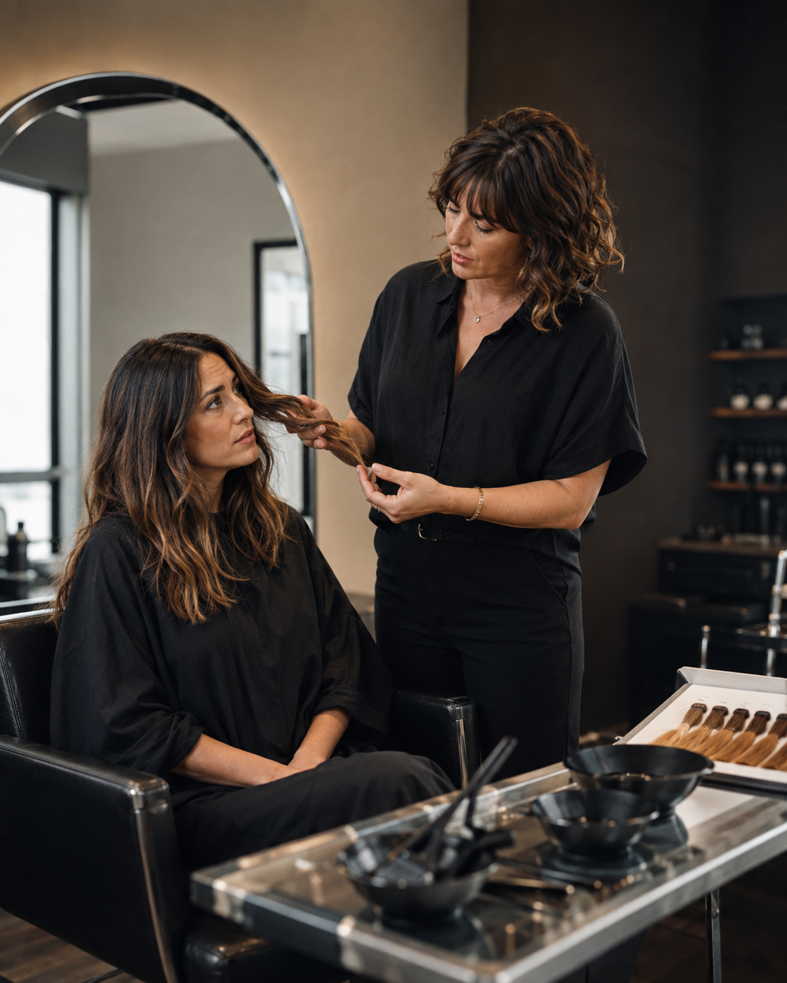 Hair stylist consulting with a client about a major color transformation