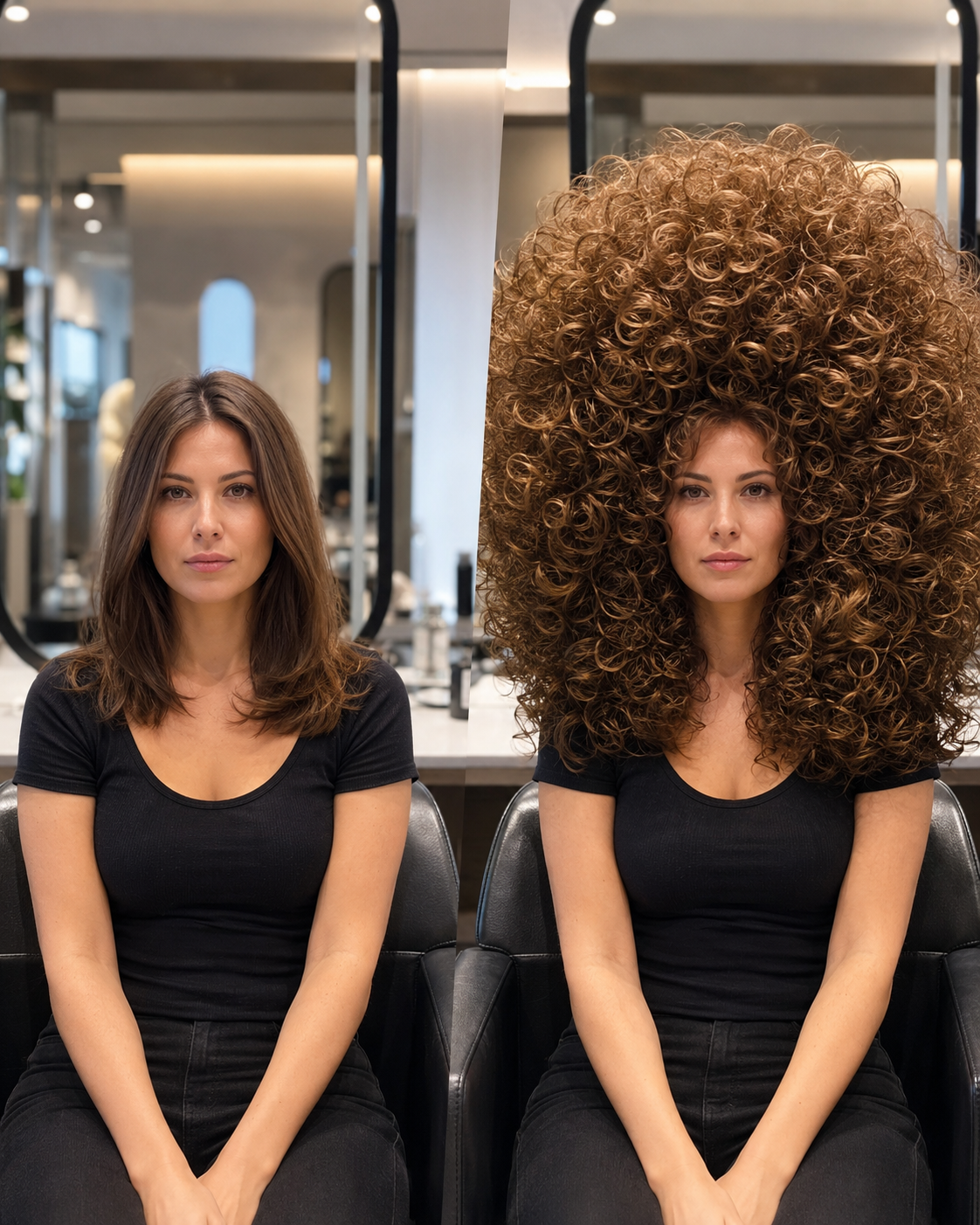 Fictional comedy before and after transformation featuring an intentionally enormous retro perm