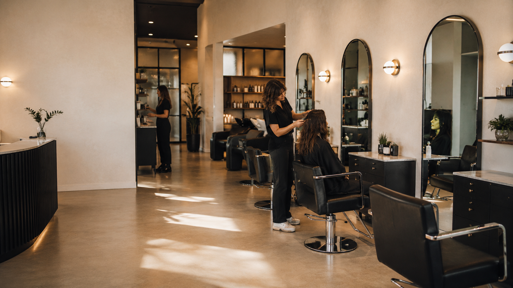 Modern independent hair salon interior with styling chairs and mirrors