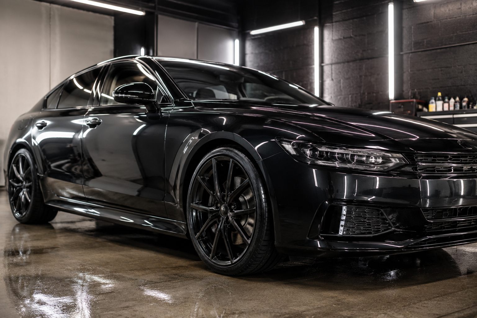 Glossy dark vehicle receiving an exterior detail