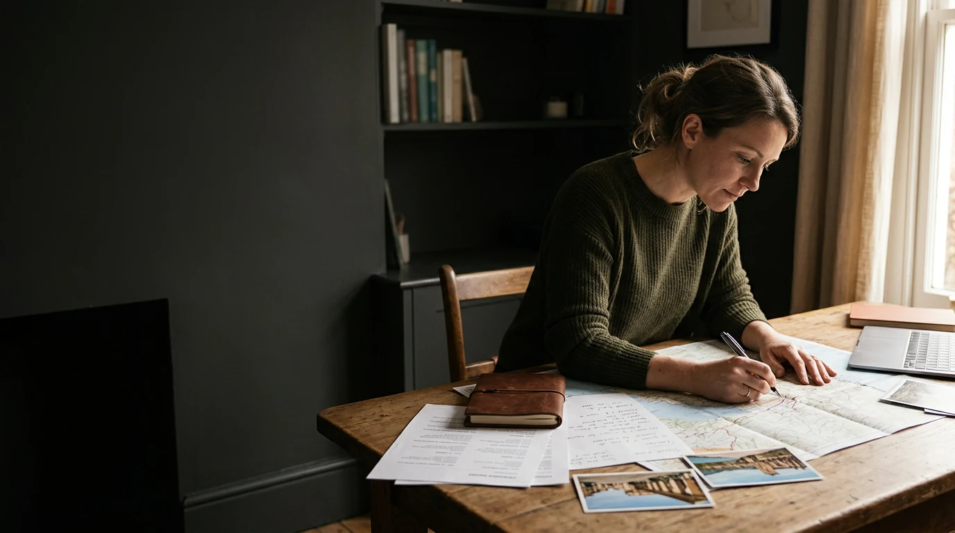 Independent travel advisor planning an international trip with maps, notes and itinerary materials