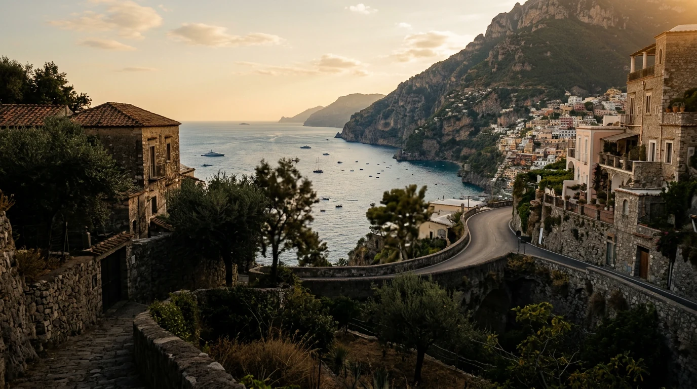 Sunlit Italian coastal town beside blue Mediterranean water