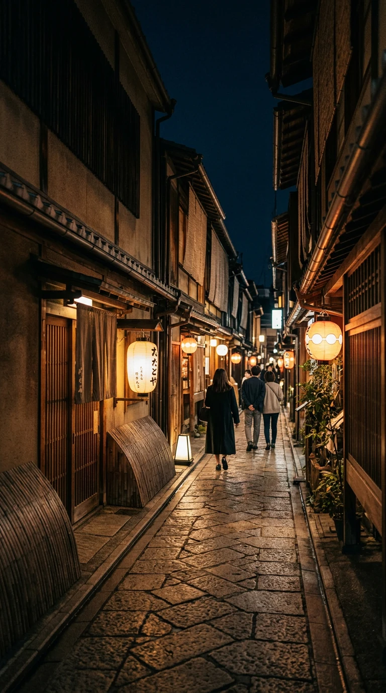 Atmospheric evening street in Japan with warm lights and traditional architecture