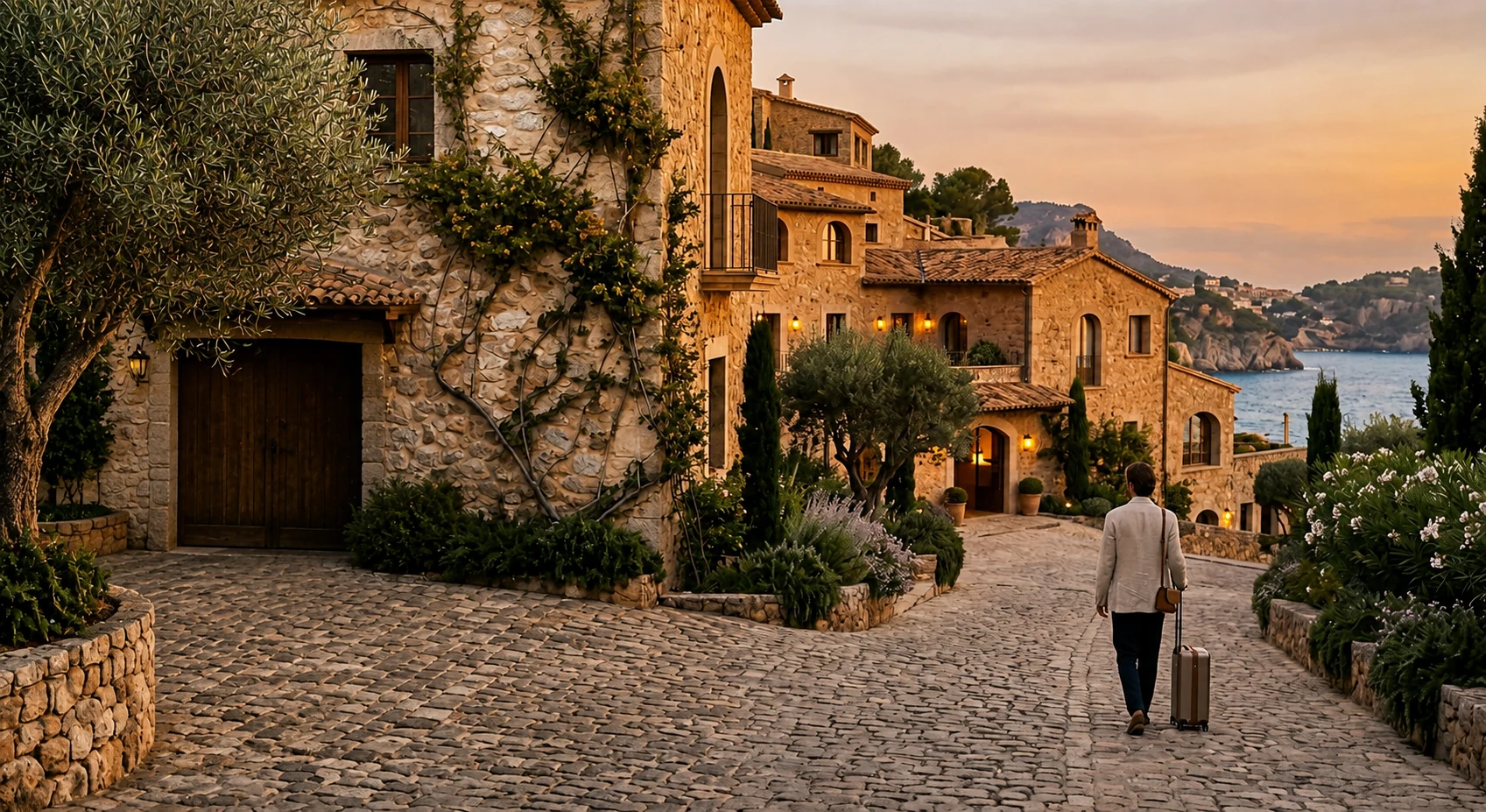 Traveler overlooking a dramatic destination landscape at the beginning of a journey