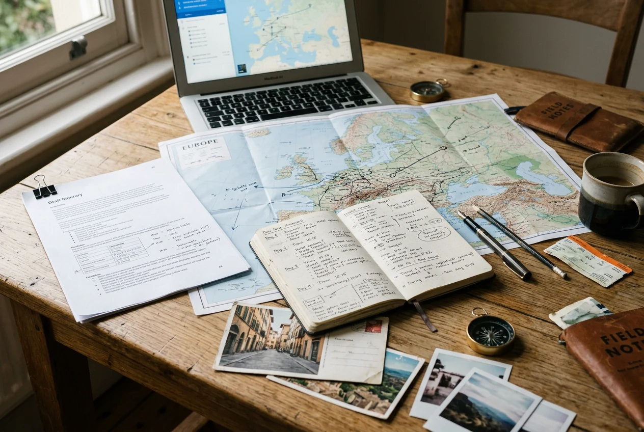 Maps, handwritten notes and itinerary materials arranged across a travel planning desk
