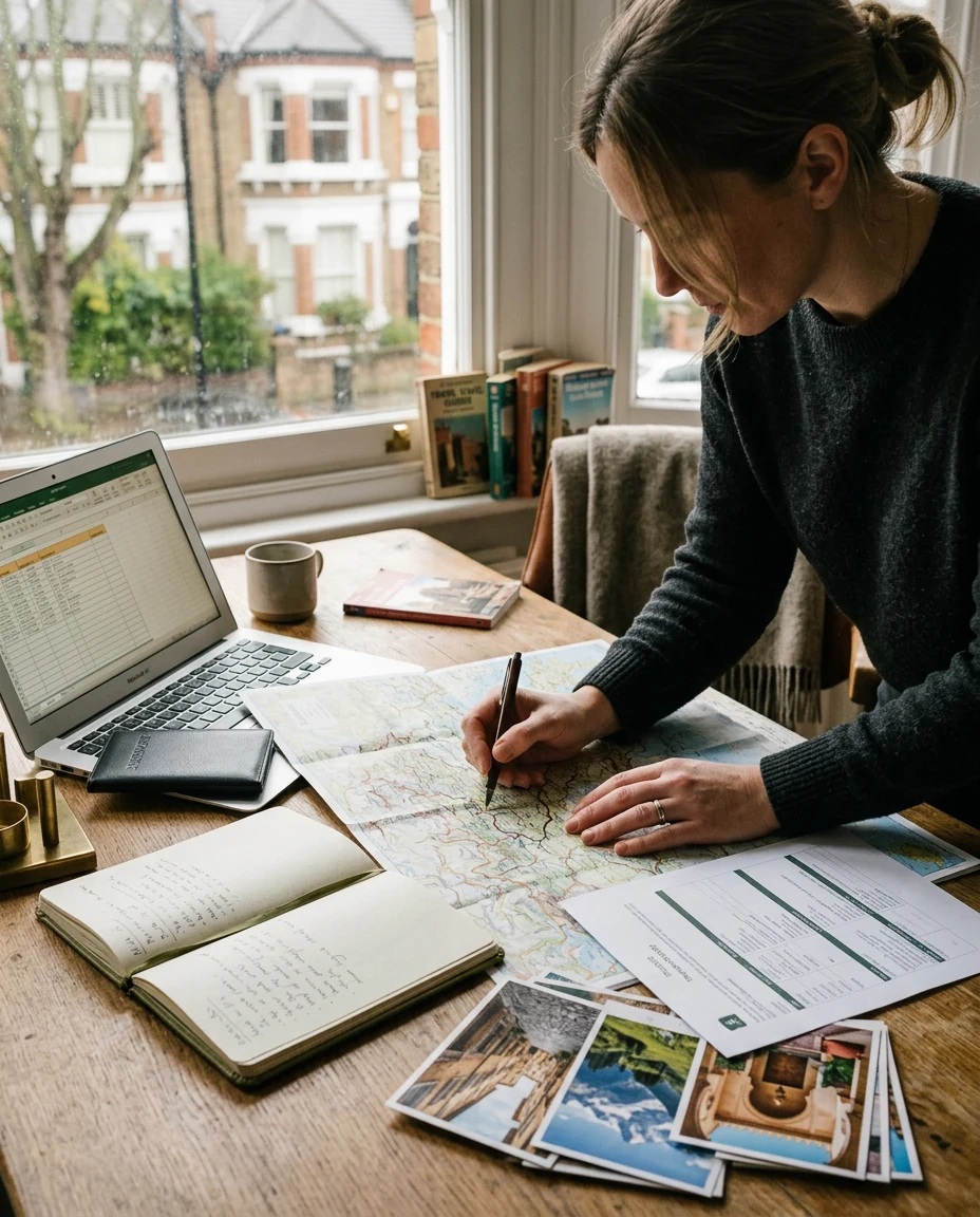 Travel advisor organizing maps, notes and itinerary materials while planning a trip