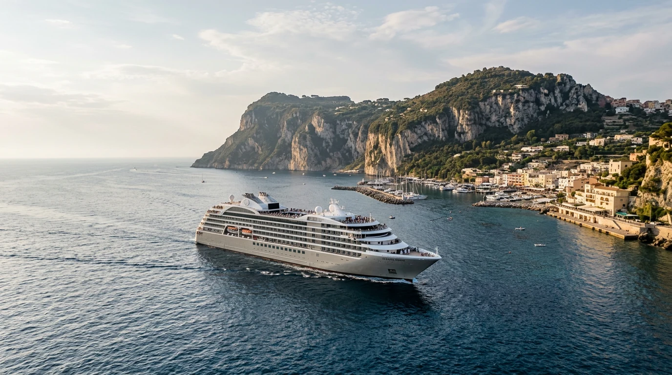 Modern cruise ship sailing beside a dramatic coastline