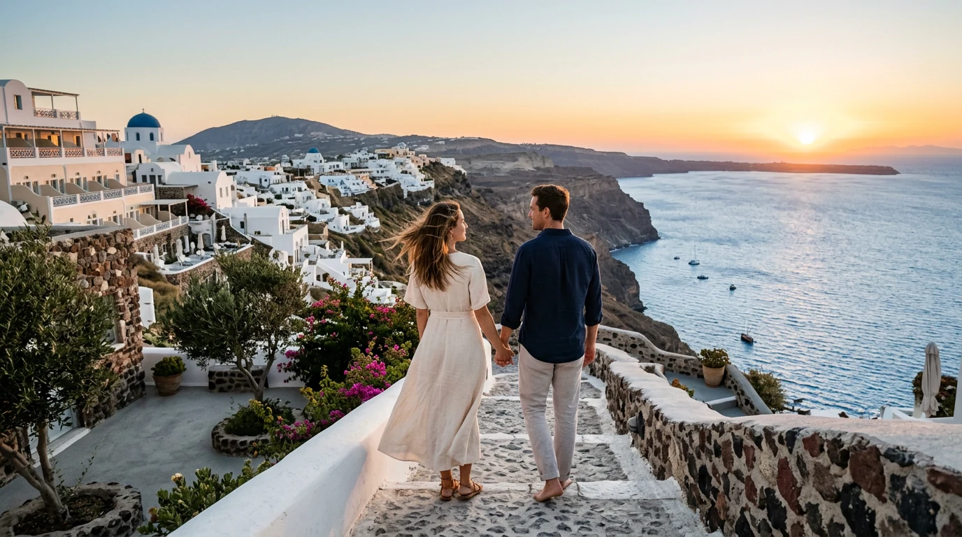 Couple enjoying a romantic coastal honeymoon at sunset