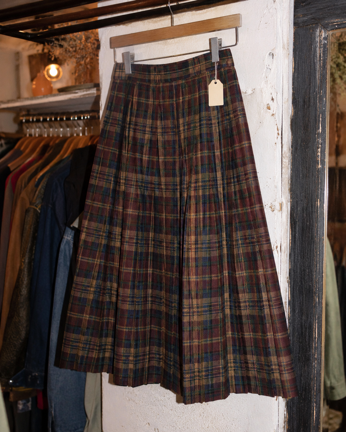 Vintage pleated plaid midi skirt