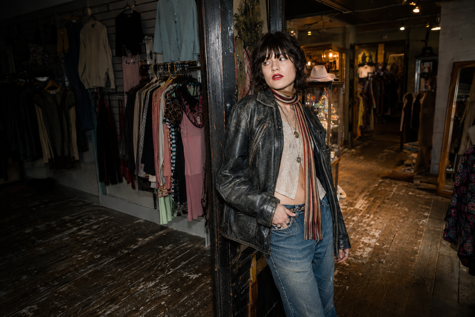 Editorial vintage fashion look inside an independent resale boutique