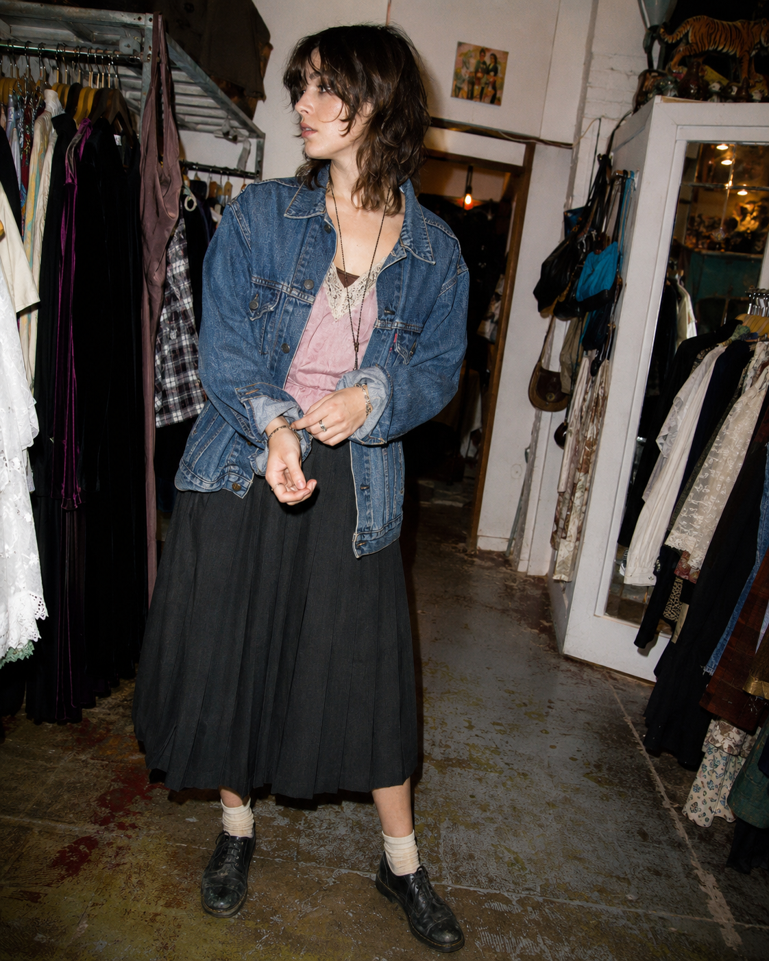 Vintage boutique editorial fashion look one