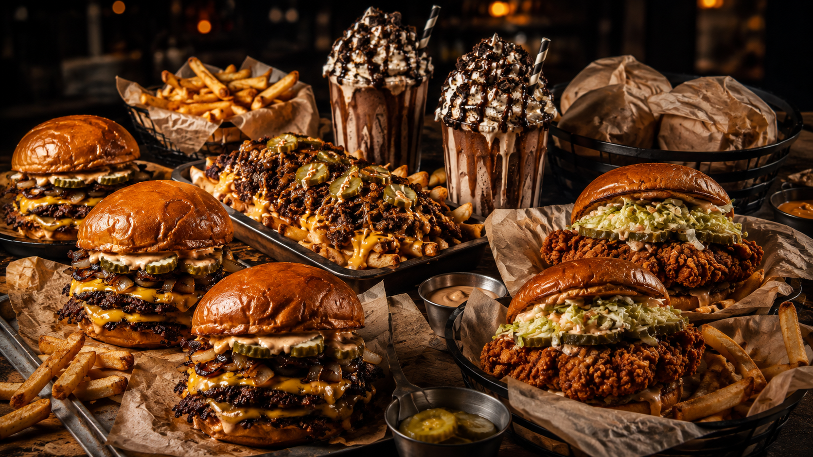 Large table filled with burgers, fries, sandwiches, and shakes