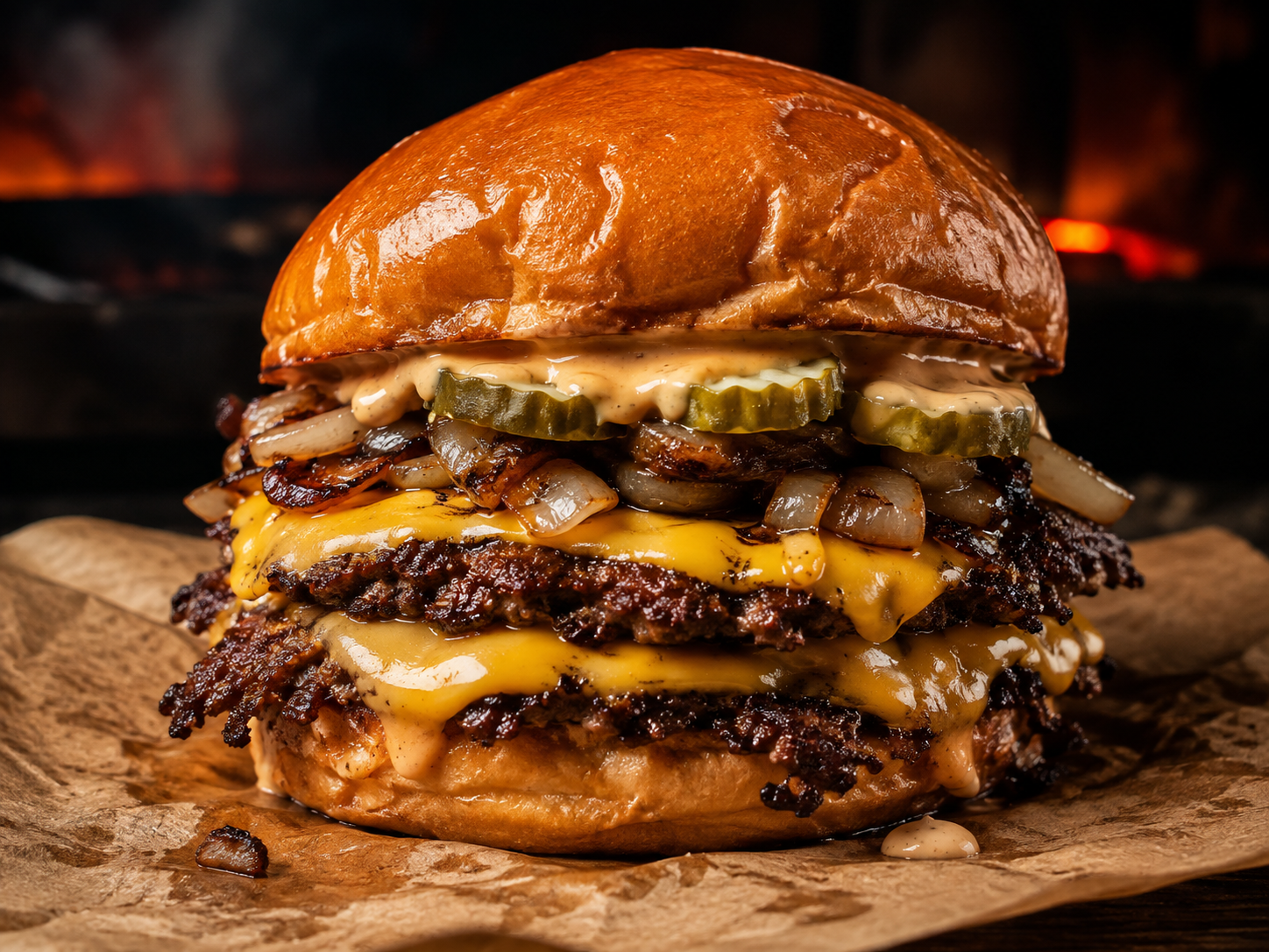 Double smash burger with melted cheese and grilled onions