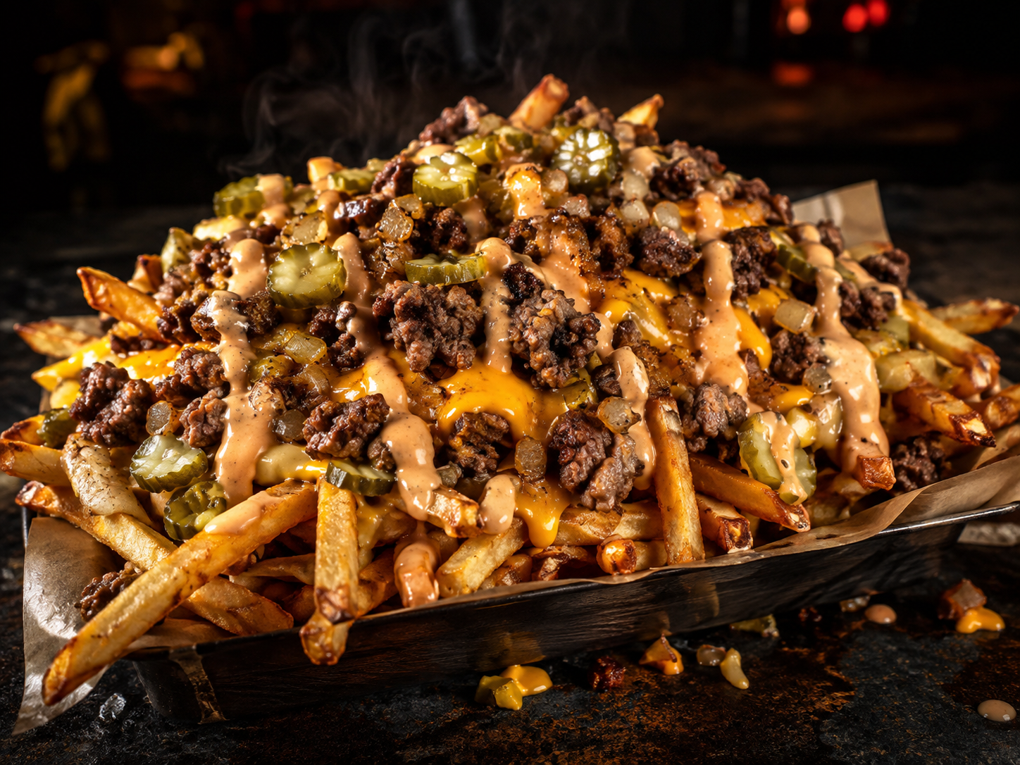 Loaded fries topped with cheese, burger pieces, onions, pickles, and sauce