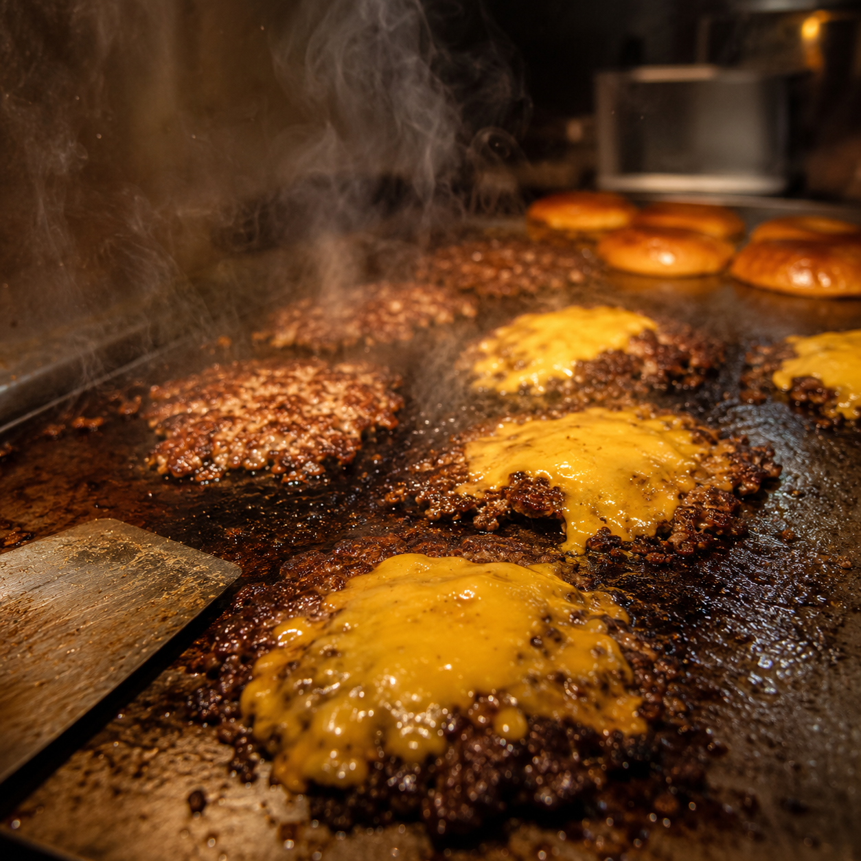 Burger patties cooking on a grill
