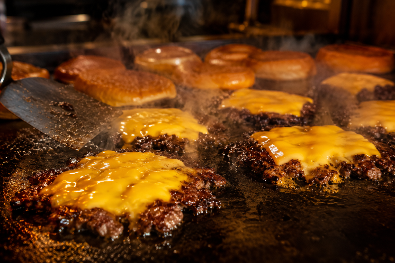 Smash burgers cooking on a hot restaurant griddle