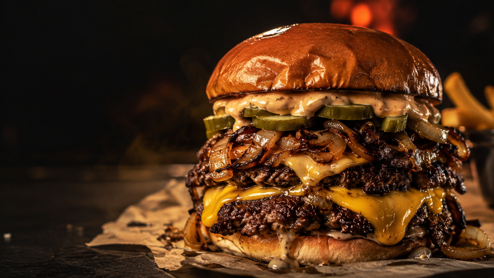 Double smash burger with melted cheese, onions, pickles, and sauce