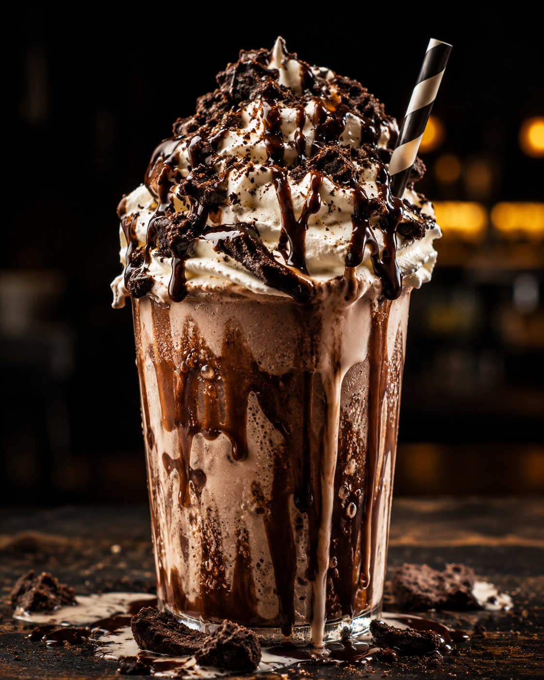 Chocolate milkshake with whipped cream and cookie crumble
