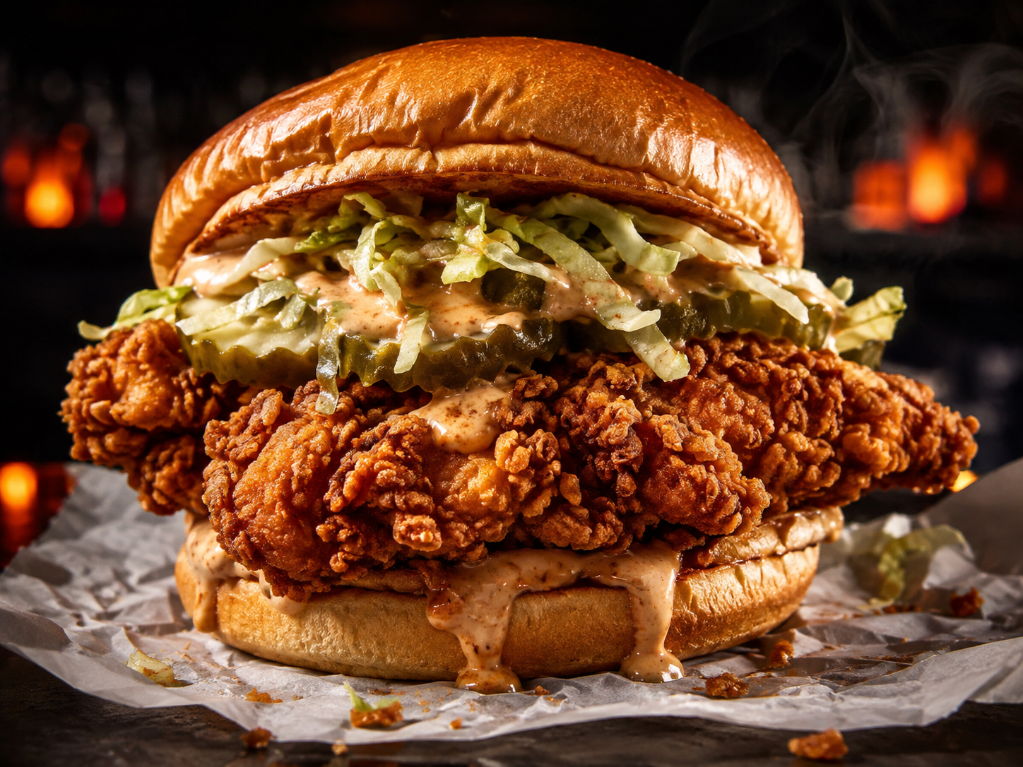 Crispy fried chicken sandwich with lettuce and sauce