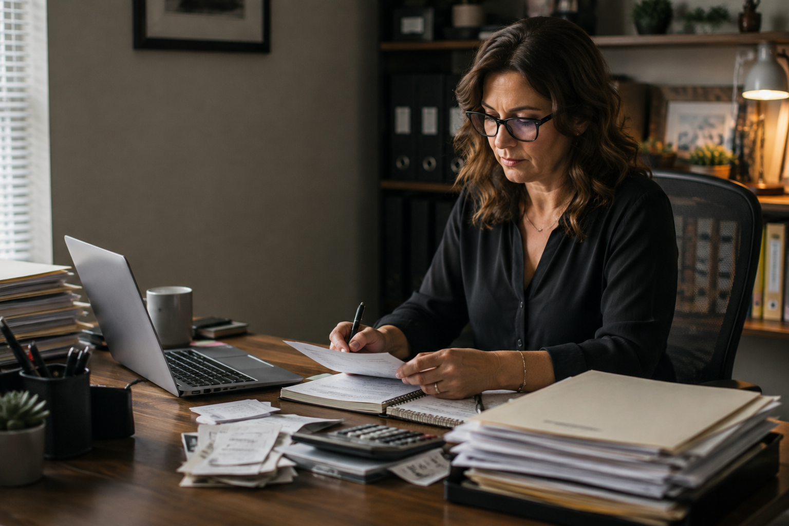 An independent professional bookkeeper reviewing financial reports and organized business documents at a small office desk.
