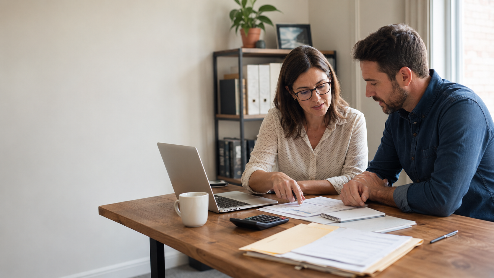 A professional bookkeeper and small-business owner reviewing financial paperwork together at a desk.