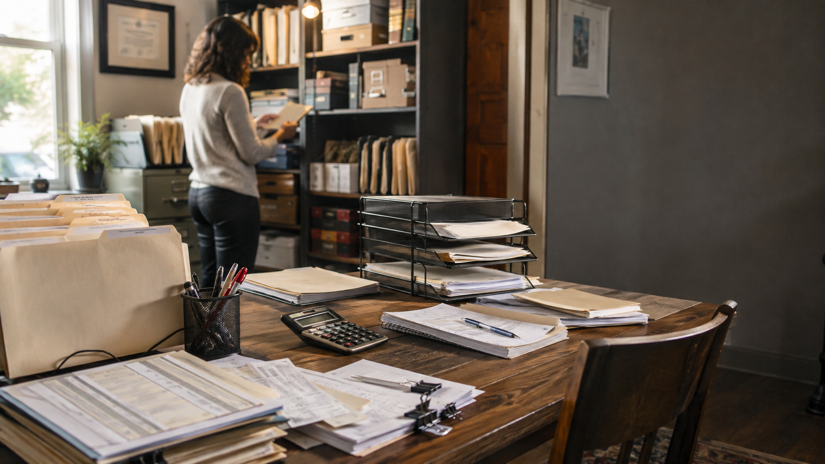 An organized independent bookkeeping office with financial folders, document trays, calculator, notebook, and practical filing systems.