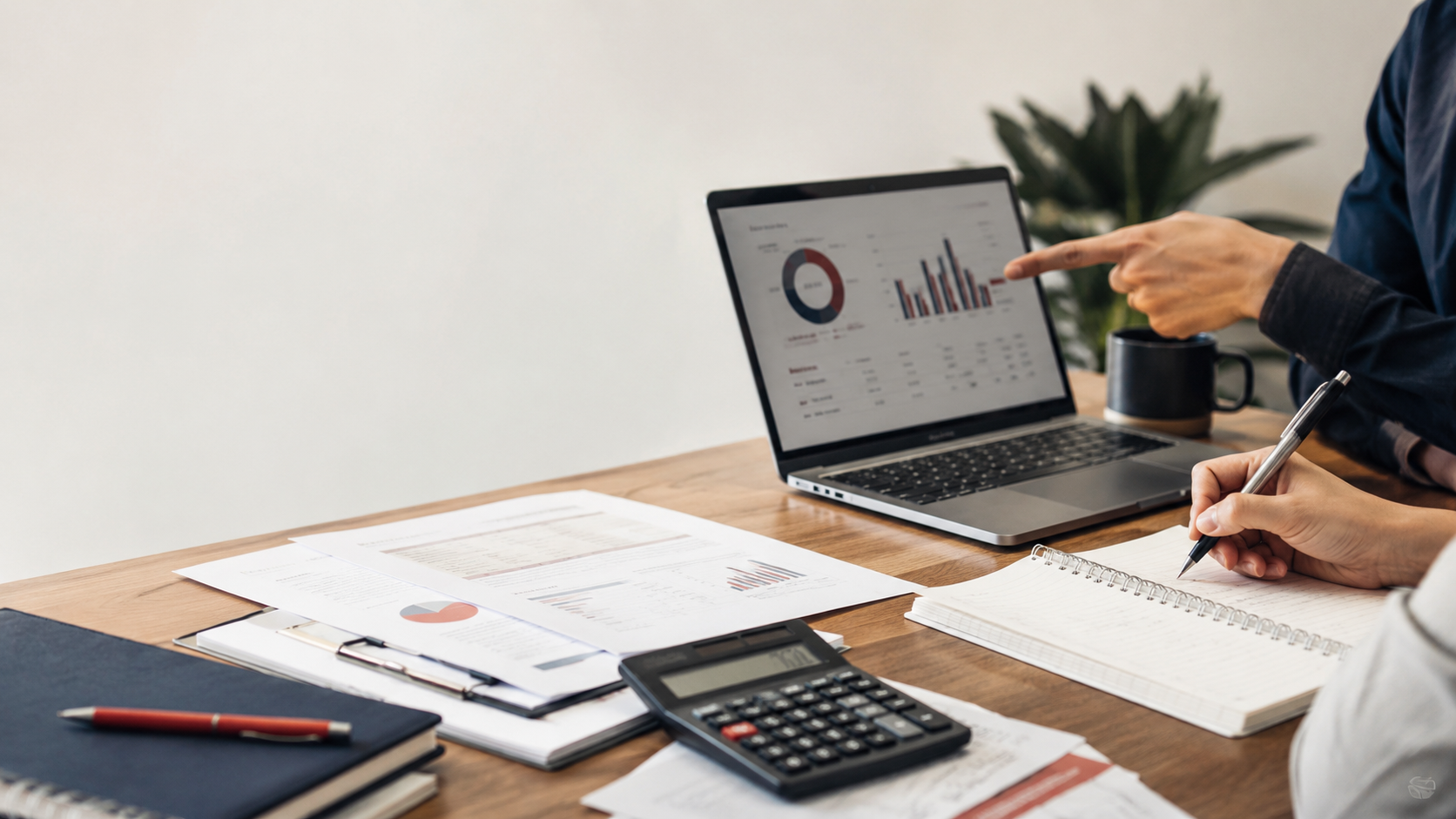 A bookkeeper and small-business owner reviewing financial reports together at a desk with a laptop, calculator, and paperwork.