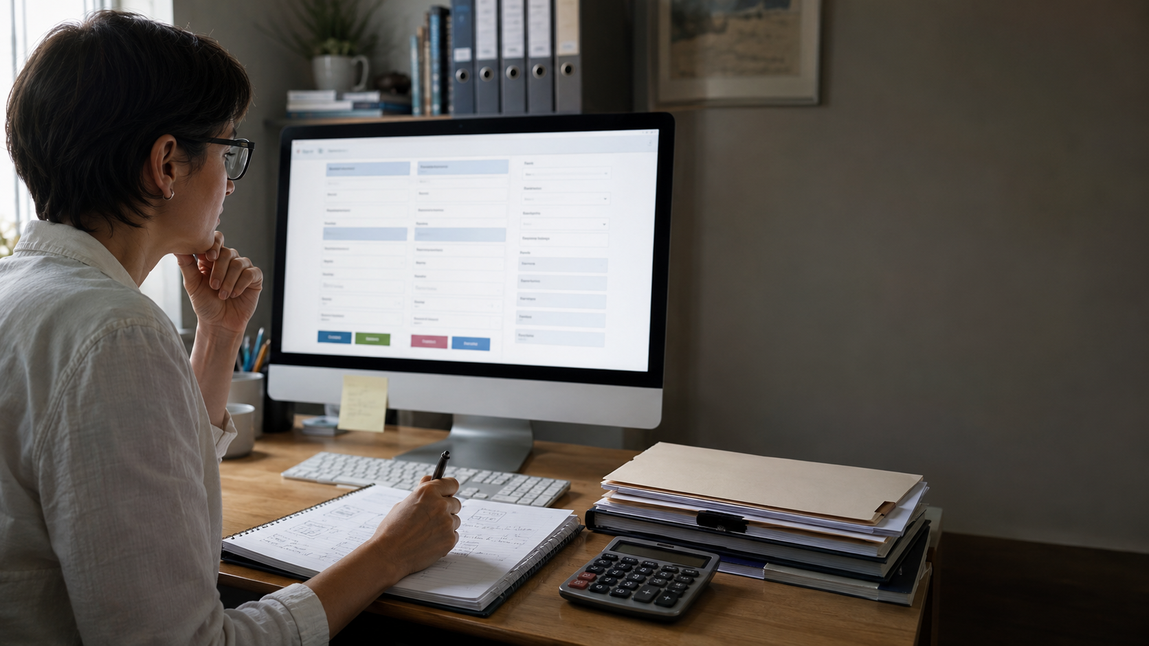 A professional reviewing a business website form for readability and usability at an organized office workstation.